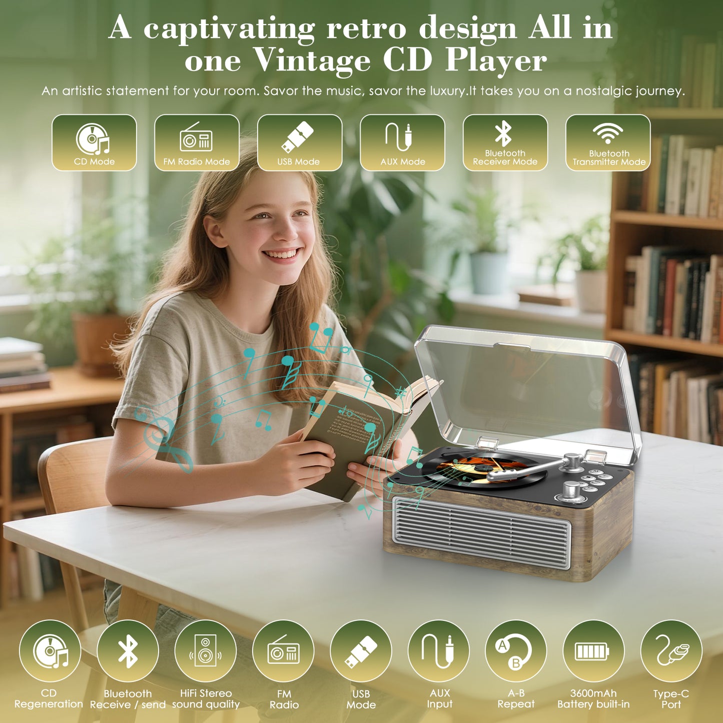 Kegaudio Bluetooth CD Player with Hi-Fi Sound, FM Radio & USB