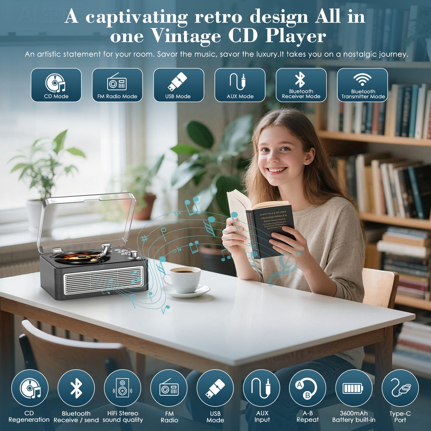 Kegaudio Bluetooth CD Player - Long Battery Life, AUX Input & BT Receive