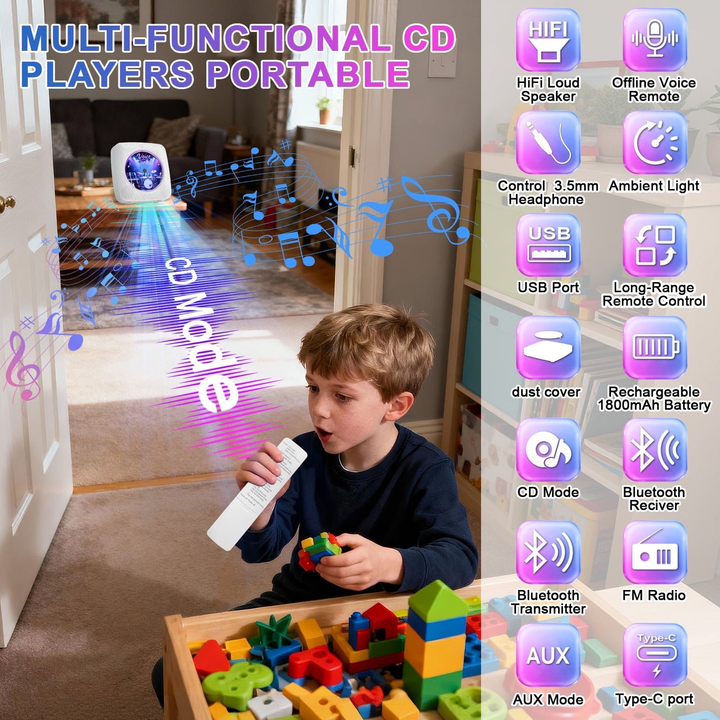 Kegaudio Voice-Controlled Portable CD Player – Dual Hi-Fi Speakers