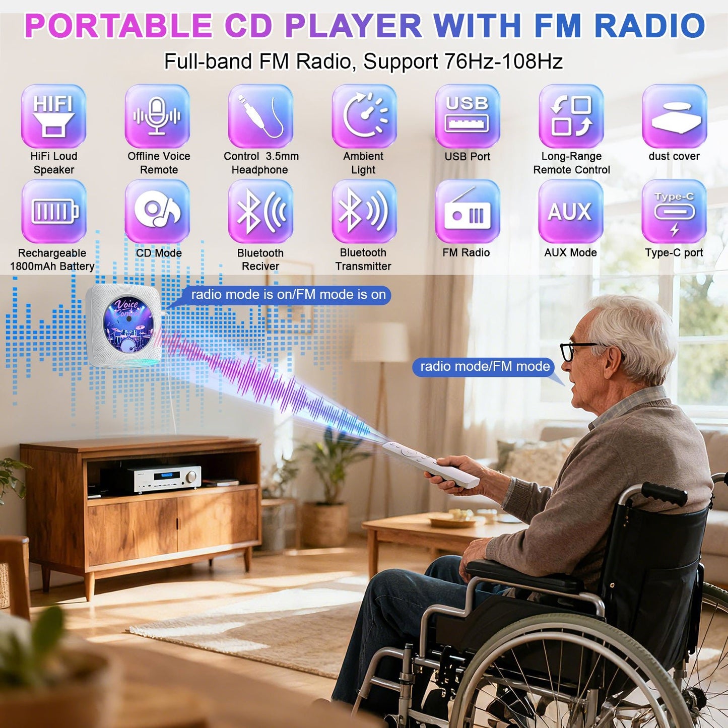 Kegaudio Voice-Controlled Portable CD Player – Dual Hi-Fi Speakers