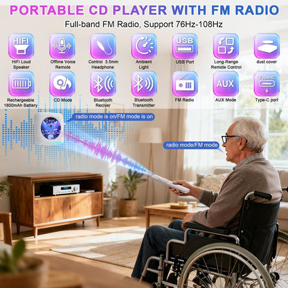 Kegaudio Voice-Controlled Portable CD Player – Dual Hi-Fi Speakers