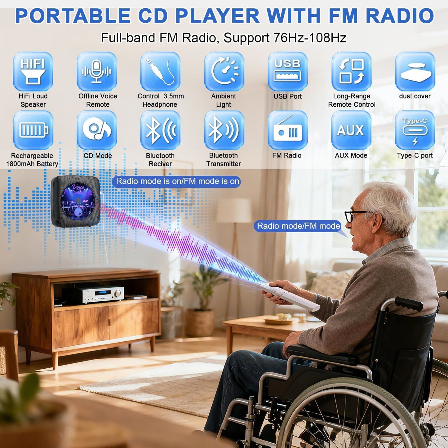 Kegaudio Voice-Controlled Portable CD Player – Hi-Fi Sound, FM Radio