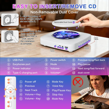 Kegaudio Voice-Controlled Portable CD Player – Dual Hi-Fi Speakers