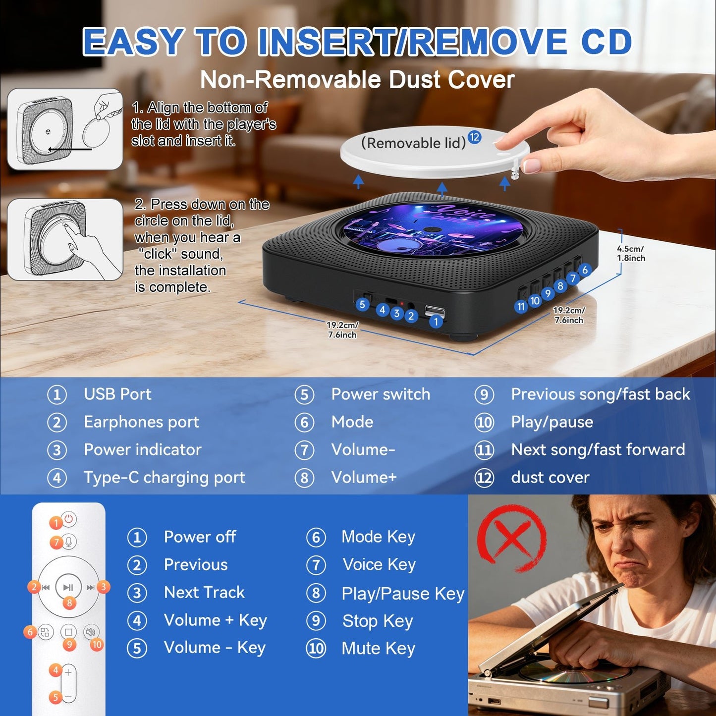 Kegaudio Voice-Controlled Portable CD Player – Hi-Fi Sound, FM Radio